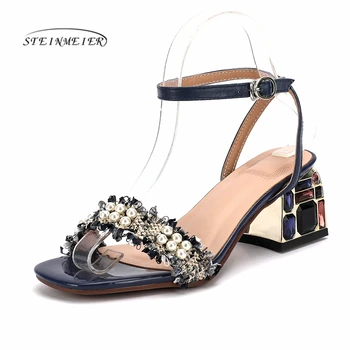 

Steinmeier Sweet Retro Women Glotters Sandals 2020 Square Heels Summer Shoes Woman Wedding Party Colorfl Rhinestone Shoes Woman