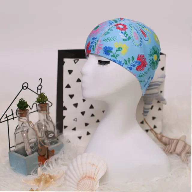 Flower Print Fabric Swimming Cap Swiming Pool Protect Long Hair Ears Hat Swim Bathing Hats Caps for Women Men Adults Ladies Hat 02