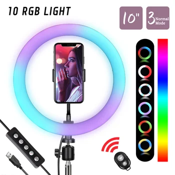 SH 6/10 인치 RGB 셀카 링 라이트 삼각대 스탠드 및 전화 홀더, 메이크업/Vlog/라이브 스트림용 사진 링 램프