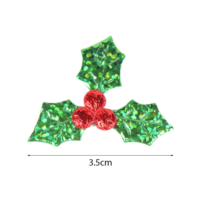 100Pcs Glitter Green Holly Leaf Red Berry Christmas Ornaments Artificial Holly Leaves For Xmas New Year Party Decor DIY Crafts