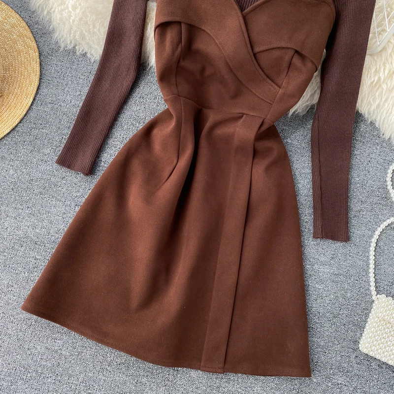 Осенняя и зимняя женская новая трикотажная нижняя рубашка с длинным рукавом+ модное сексуальное платье без рукавов комплекты из двух предметов K555