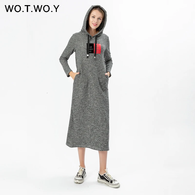 WOTWOY новое осенне-зимнее повседневное толстое платье с капюшоном до середины икры, прямое женское платье с карманами и тиснением, женская одежда с длинным рукавом