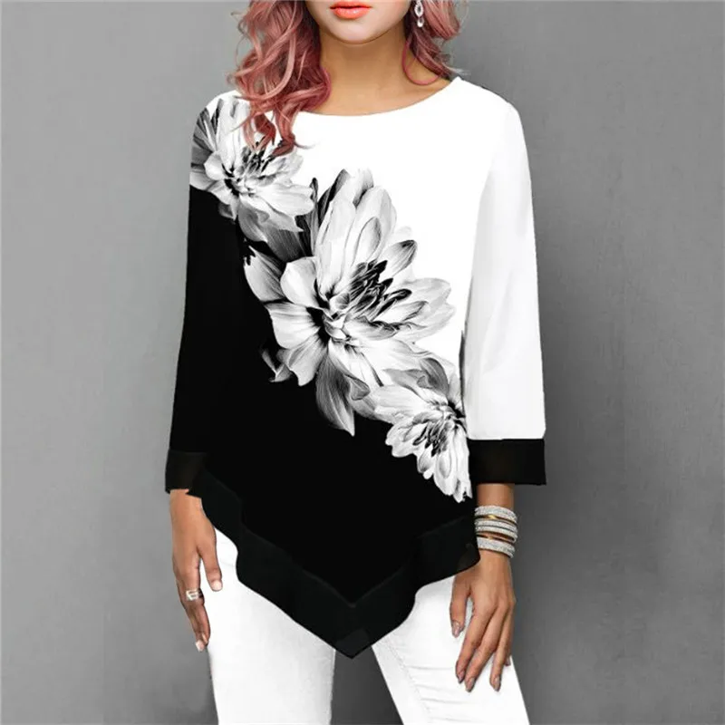 5XL Plus Size Women Clothing Shirts Long Sleeve Casual Spring Blouse Hem Irregular Lace Patchwork Top Flower Print Fashion Shirt poet shirt Blouses & Shirts