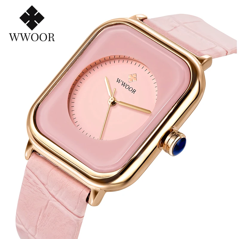 WWOOR Rectangle Watches For Women Fashion Pink Ladies Watch 2023 Top Brand Luxury Geneva Design Quartz Leather Girls Wrist Watch