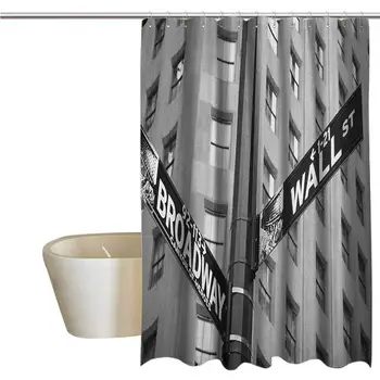 

New York Shower Window Curtain Waterproof Street Signs of Intersection of Wall Street and Broadway Finance Destinations Bathroom