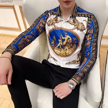 

Summer Brand New Mens Club Social Top 6XL Gold Leopard Print Shirt Men Long Sleeve Four Slim Fit Casual Shirts
