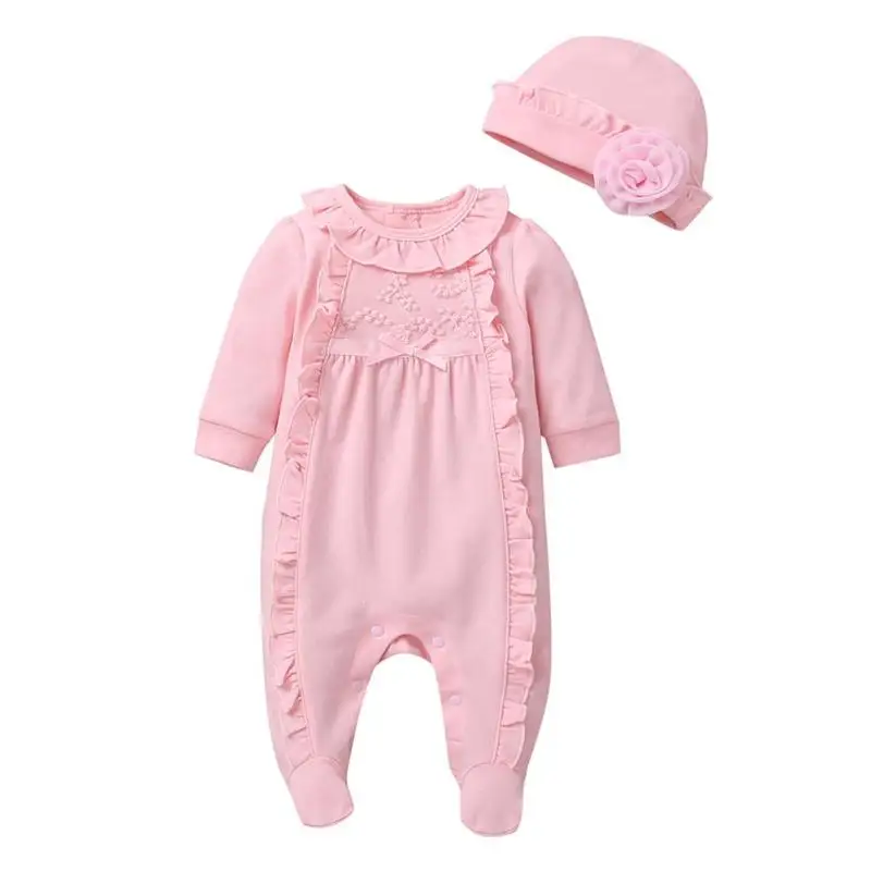 Теплая детская одежда для малышей; сезон осень-зима; мягкая хлопковая одежда с длинными рукавами и оборками; комплект одежды из 2 предметов с шапкой - Цвет: Розовый