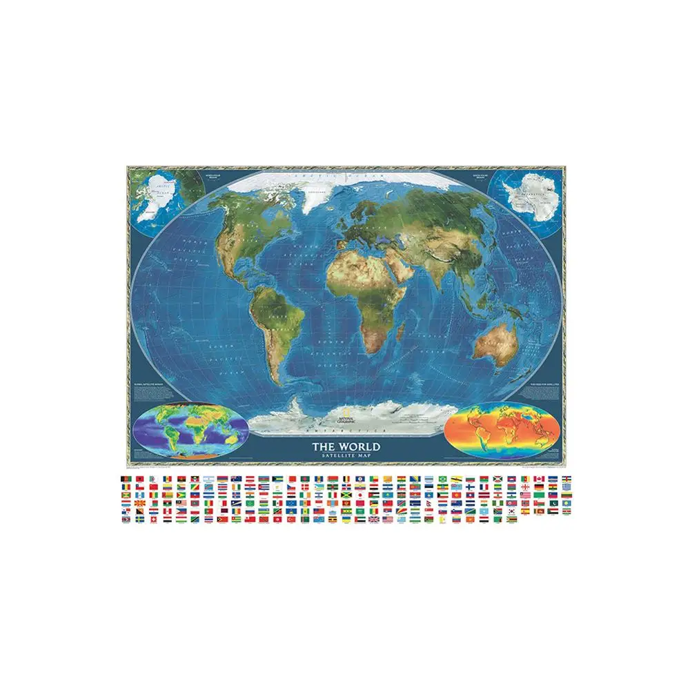 

150x225cm The World Satellite Map With Surface Temperature And Biosphere Non-woven World Map With National Flags