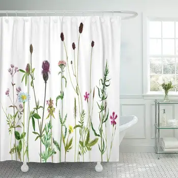 

Fabric Decorative Shower Curtain Curtains Set with Hooks Watercolor Wild Plants Flowers Buds Leaves Painted Botanical Vintage
