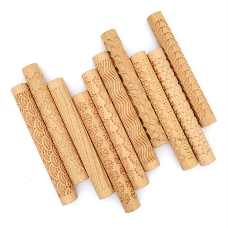 Description Picture 4 of itemPottery Art Wood Texture Roll Relief Tree Stone Flower Pattern Embossed Rod Mud Roll DIY Ceramic Sculpture Modeling Clay Tools