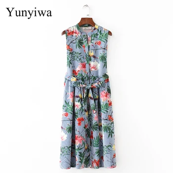 

2018 Women Vintage Sleeveless Flower Print Striped Kneeth Dress Elegant Bow Tied Sashes Vestidos Casual Slim Brand Dresses