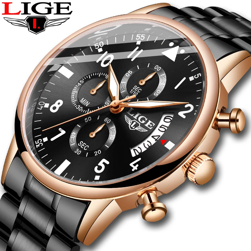 

LIGE 2020 New Fashion Mens Watches with Stainless Steel Top Brand Luxury Sports Chronograph Quartz Watch Men Relogio Masculino