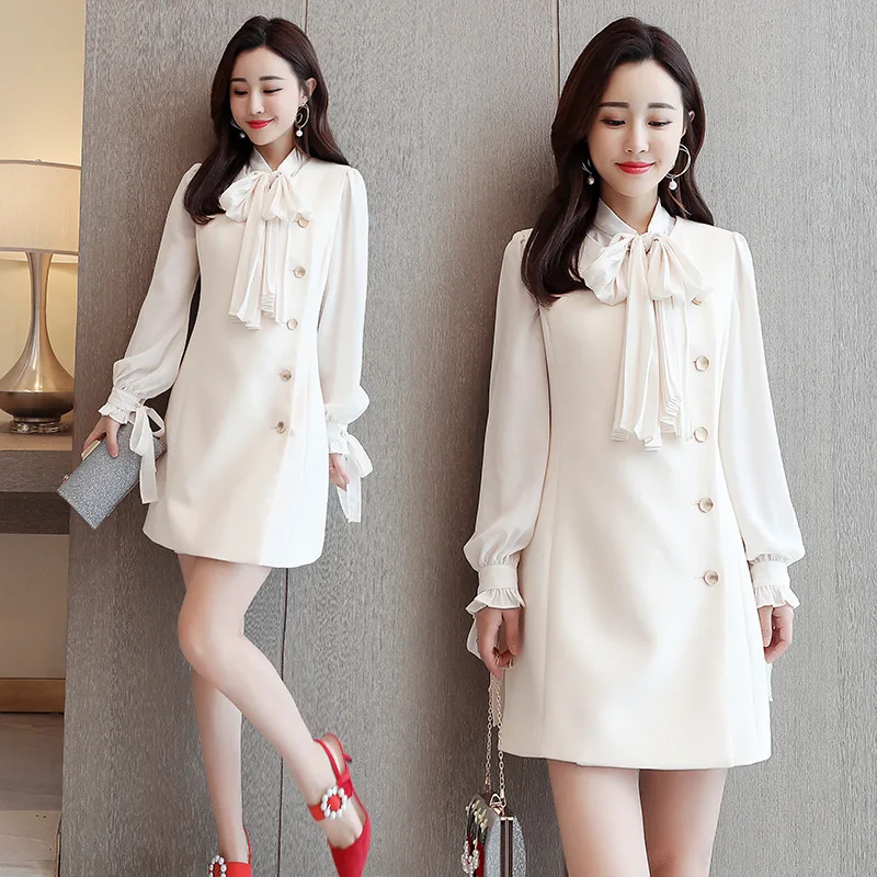

2019 Spring Fashion Skirt New Style WOMEN'S Dress Mid-length Long Sleeve Solid Color Trend Dress Chiffon Two-Piece Set