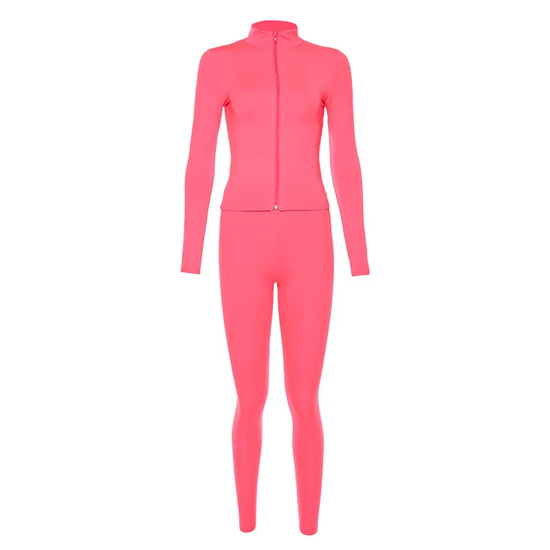 Rose Red Женский флуоресцентный цветной спортивный костюм для йоги, фитнеса, женские колготки, футболка с длинными рукавами+ спортивные штаны, комплект одежды - Цвет: Rose Red