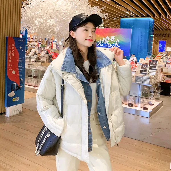 

Photo Shoot 2019 Korean-style New Style Fake Two-Piece Versatile Loose-Fit down Jacket Cowboy Joint Stand Collar Cotton Coat Wom