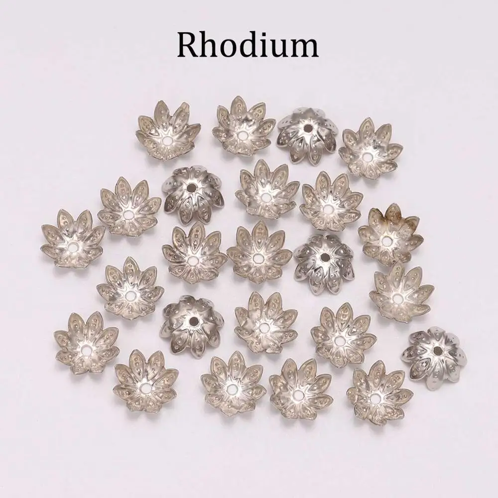 Rhodium 100 шт./лот, 8, 10 мм, тибетский античный серебряный цветок лотоса, металлические бусины, концевые колпачки, принадлежности для изготовления ювелирных изделий, аксессуары - Цвет: Rhodium