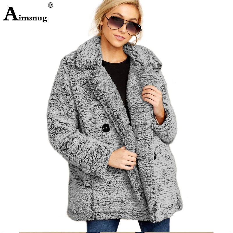 

Aimsnug 2019 Medium Long Section Solid Grey Loose Plush Double-breasted Coat Long Sleeve Winter Women Thick Warm Cardigan Jacket