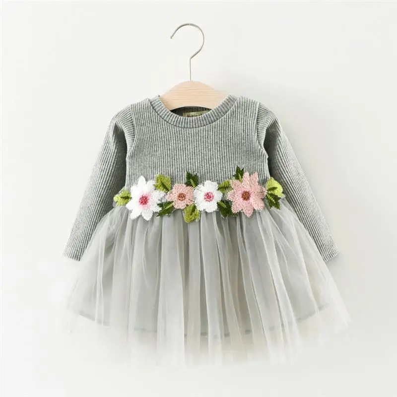 2020 New Baby Girls Dress Sweater Knitting Princess Mesh Floral Cute Dress Long Sleeve Baby Girls Autumn Outfit White Pink Grey