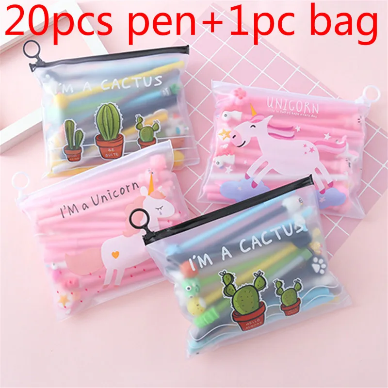 

VOGVIGO 20pcs/lot Kawaii Girl Lovely Gel Pen Cartoon Neutral Pens Kit For Kids Gifts School Writing Supplies Stationery Bag Set