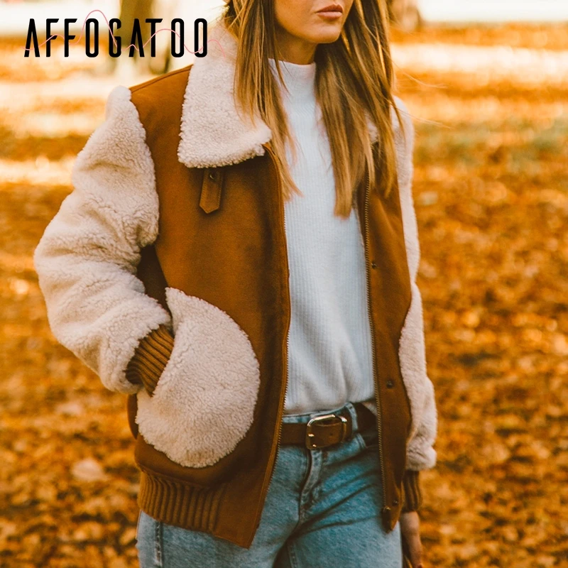 Afogaboo повседневное теплое толстое искусственное меховое Женское пальто осень-зима Одежда с заплатками пальто с длинными рукавами на молнии laides куртка в уличном стиле