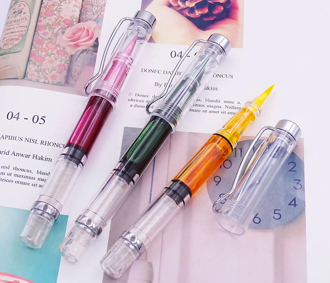 3PCS Set 3009 Yongsheng Piston Calligraphy Brush Pen Transparent Soft Brush Nib Silver Trim Art Drawing Writing Gift Ink Pen 3pcs set yongsheng 3009 piston fountain pen calligraphy brush pen soft brush nib transparent silver trim art drawing writing pen