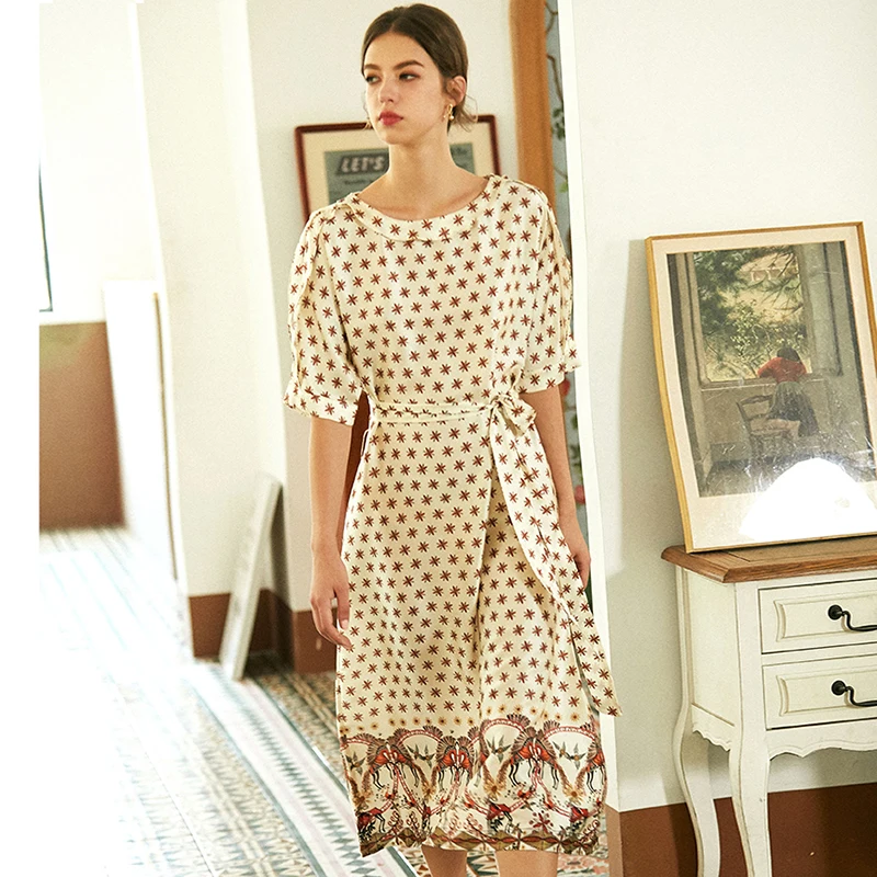 

100% Silk Dress Women Casual Style Flower Printed O Neck Long Sleeve Dresses Elegant New Fashion