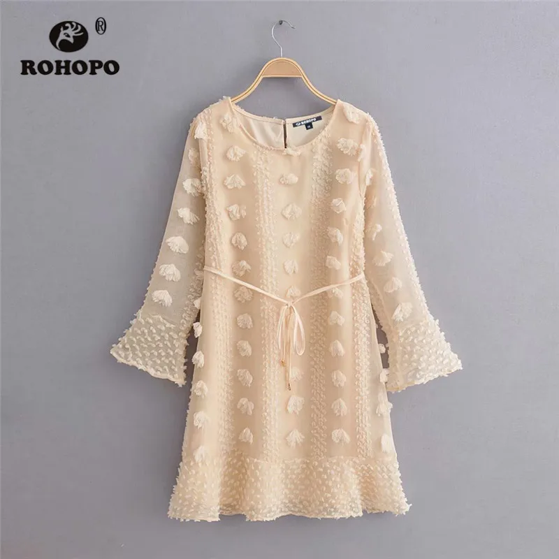 

ROHOPO Flared Long Sleeve Elbroidery Tassel Round Collar Polk Dot Mini Dress Belted Ladies Double Layer Cotton Robe #9860