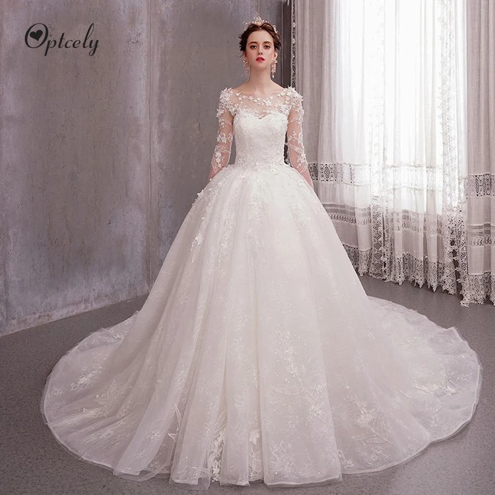 

Optcely Gorgeous Scoop Neck Long Sleeve Backless Ball Gown Wedding Dress 2019 Appliques Beading Court Train Gowns Robe De Mariee