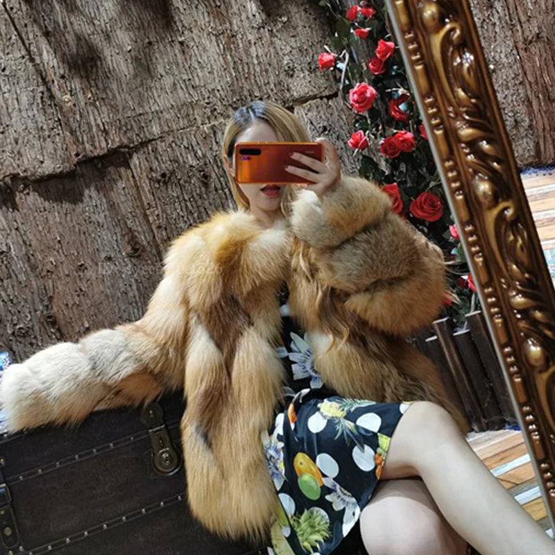 

Luxury Winter New Design Female Fluffy Natural Real Red Silver Fox Fur Coat Women thickening Outwear Jacket