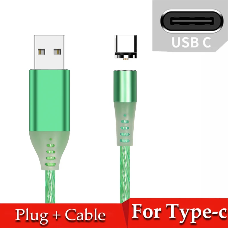 Магнитный кабель type C Магнитный светодиодный светильник Micro usb провод шнур USB C поток светящийся Быстрая зарядка для iPhone 11Pro XR samsung - Цвет: Green for Type-c