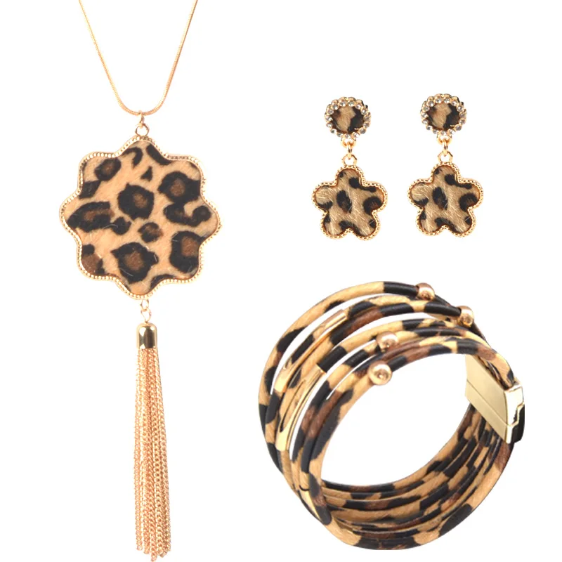 Массивный Леопардовый набор украшений для женщин Леопардовый кожаный браслет каплевидные висячие серьги длинные кисточки кулон ожерелье