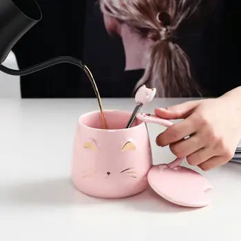 

Creative Cat Ceramic Mugs Cute Cartoon Water with Spoon and Lid Cup Office Coffee Mugs Tea Cup Breakfast Milk Cup Gift Cup 400ML