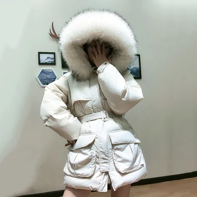 beige (beige fur) White Down Coat Winter Woman Fashion New Hooded Fur Collar Warm Thicken Cotton Clothing Casual Parkas Belt Overcoat f1401 - Цвет: beige (beige fur)