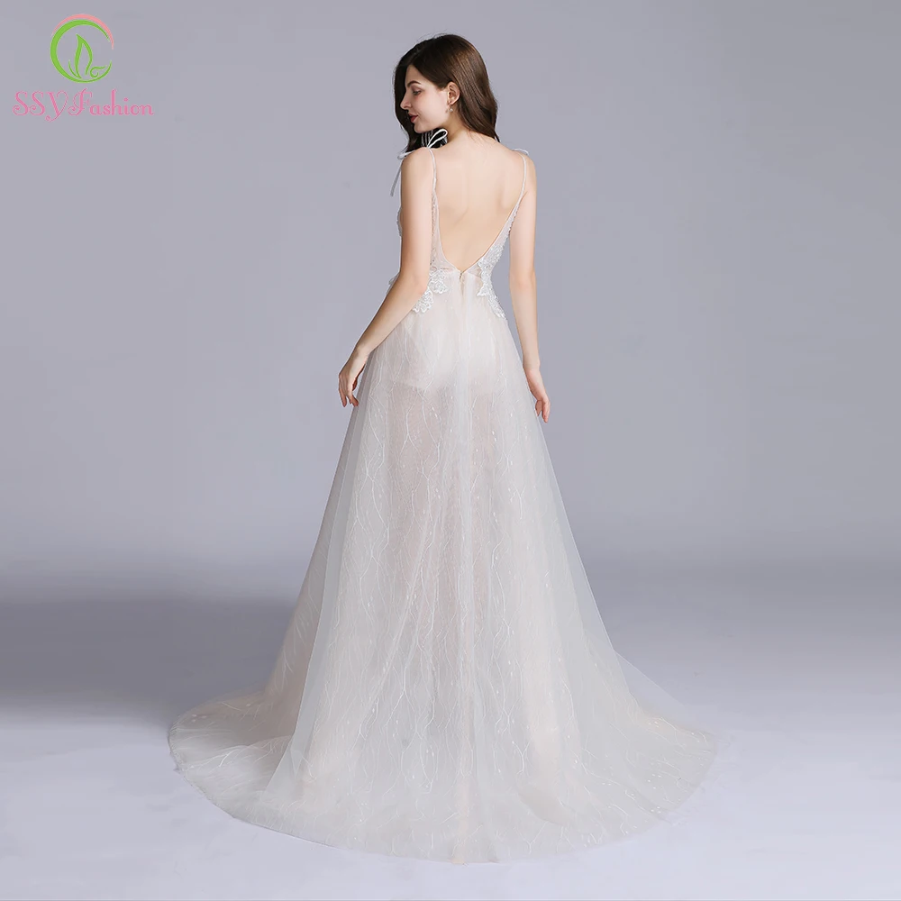 Günstig SSYFashion Neue Sexy Lange Abendkleid Tiefe V ausschnitt Sleeveless Backless Spitze Blume Strand Prom Formale Kleid Vestido De Fiesta