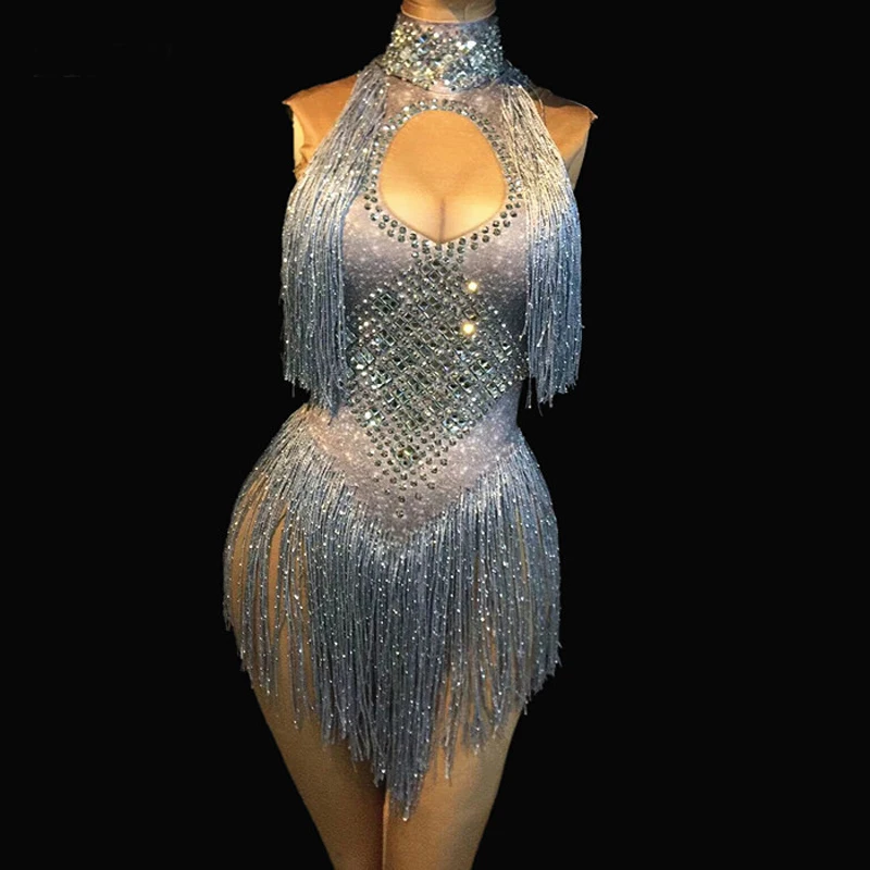 Sparkly Rhinestones Tassel Leotard Nightclub Dance DS Show Stage Wear Stretch Bodysuit Party Female Singer Outfit Girl clothing