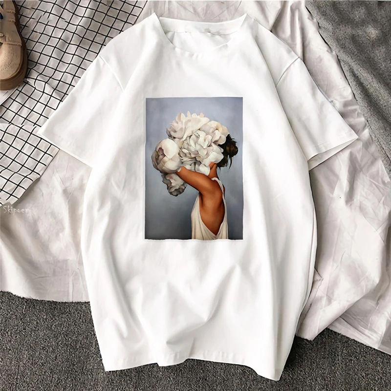 

New Harajuku Aesthetics Tshirt Sexy Flowers Feather Print Short Sleeve Tops & Tees Fashion Casual Couple T Shirt