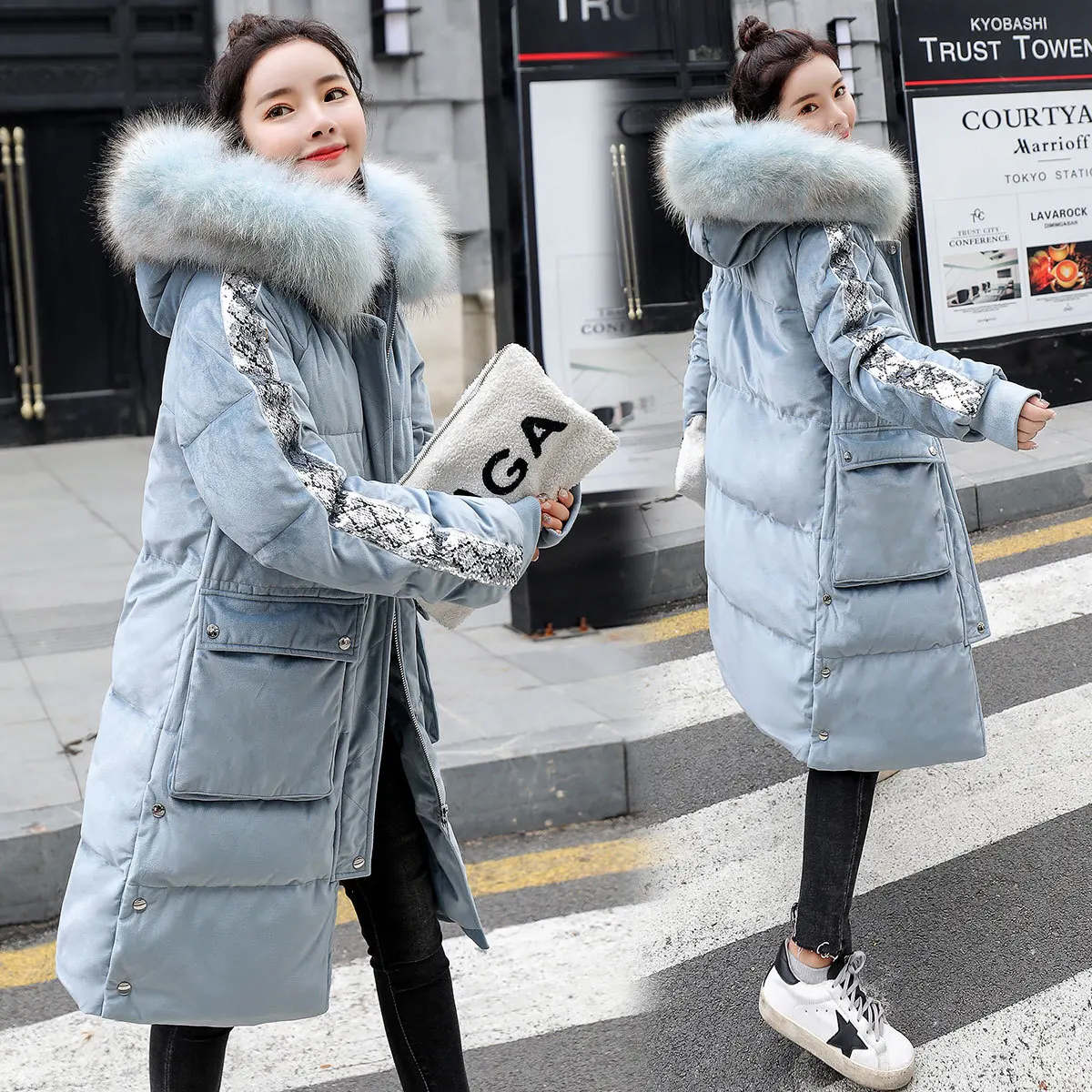 

Large Fur Collar Cotton-padded Clothes Women's Mid-length Korean-style 2019 New Style Winter Thick Cotton-padded Jacket Velvet L
