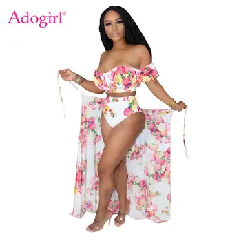 

Adogirl Floral Print Off Shoulder Swimsuit 3 Piece Sets Slash Neck Crop Top High Waist Shorts Cover Ups Suit Sexy Beach Dress