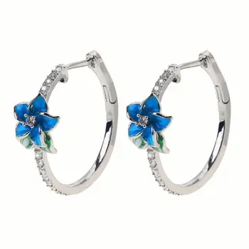 

Enamel Floral Zircon Blue Blooming Flower Hoop Earrings Women Fashion Jewerly