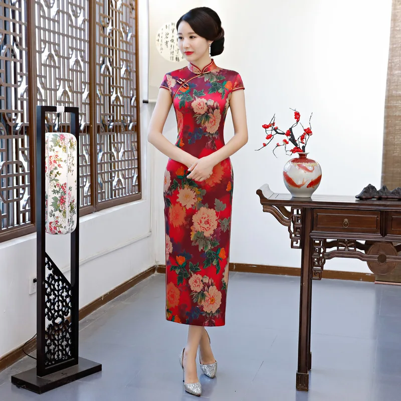 Sheng Coco китайское платье красное элегантное Cheongsam Длинные платья Вечерние с цветочным принтом вечерние Qipao M-4XL размера плюс женская одежда