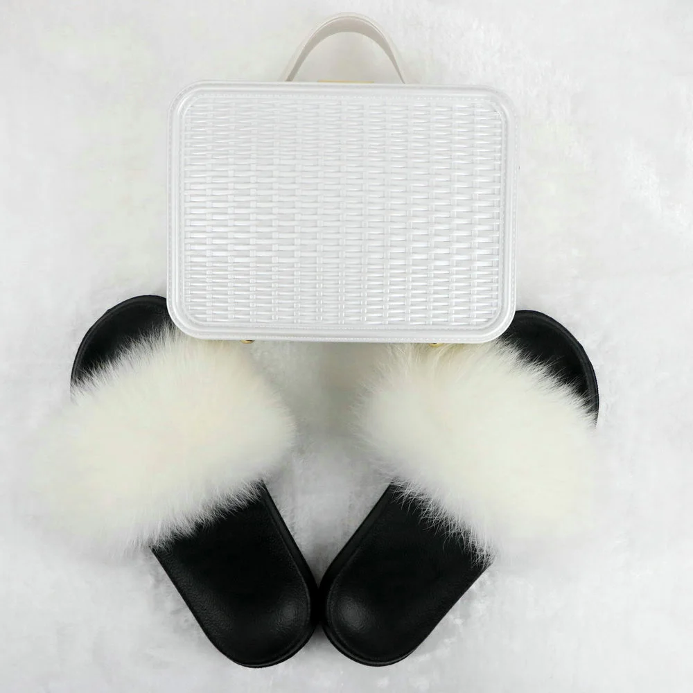 New Fashion Real Fox Fur Slippers for Women Customzed Plush Fur Slides Solid Color Female Hand Bags Sets - Цвет: Set 01