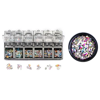 

1 Box 12 Grid Horse Eye Shape Rhinestone Nail Art Jewelry & 1 Box Leopard Pattern Special-Shaped Diamond Nail Jewelry