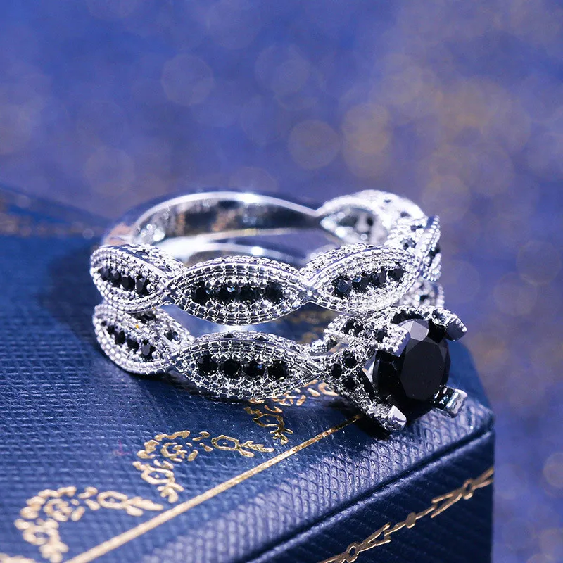 Роскошное женское черное циркониевое плетеное кольцо, винтажное серебро, Ювелирное кольцо, богемное винтажное серебрянное кольцо для женщин