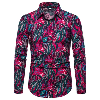 

2019 autumn new mens long sleeve linen floral shirt slim fit good quality streetwear style men casual shirt