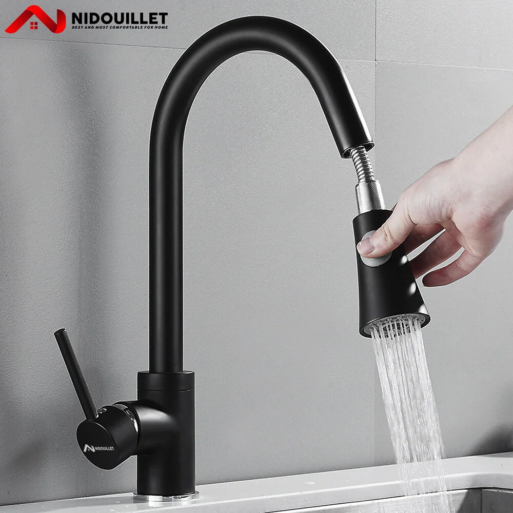 

Nidouillet Kitchen Sink Taps Pull Out Spray Mixer Single Lever Swivel Black Spout Brass Tap