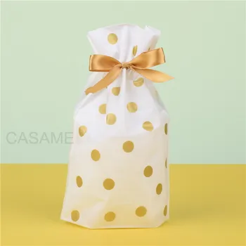 

50pcs/lot Gold Dot White Plastic Drawstring Bag Candy Bag Birthday Party Wedding Decor for cookie candy cake giving gift