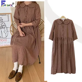

Korea Japanese Style Cute Plaid Dresses Long Sleeve A Line Preppy Style Peter Pan Collar Retro Vintage Cotton Linen Dress 1163