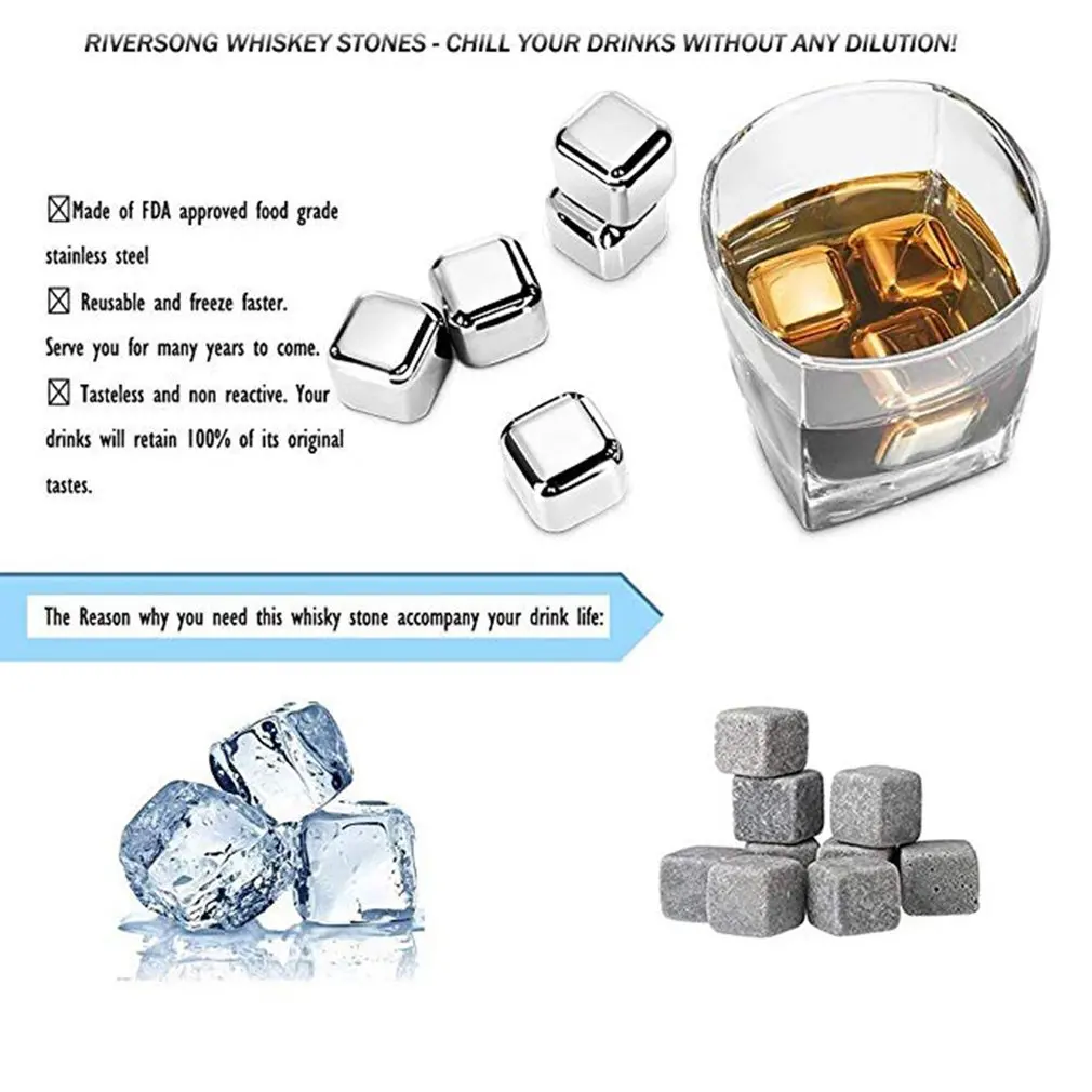 Stainless Steel Ice Cubes Whiskey Stones Reusable Ice Cubes Chilling Stones Rocks For Wine Beer Beverage(Set Of 8