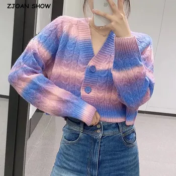 

2020 Vintage Korea Style Gradient Tie Dye Knitting Cardigan Women Single-breasted Button Long Sleeve Sweater Jumper Knitwear