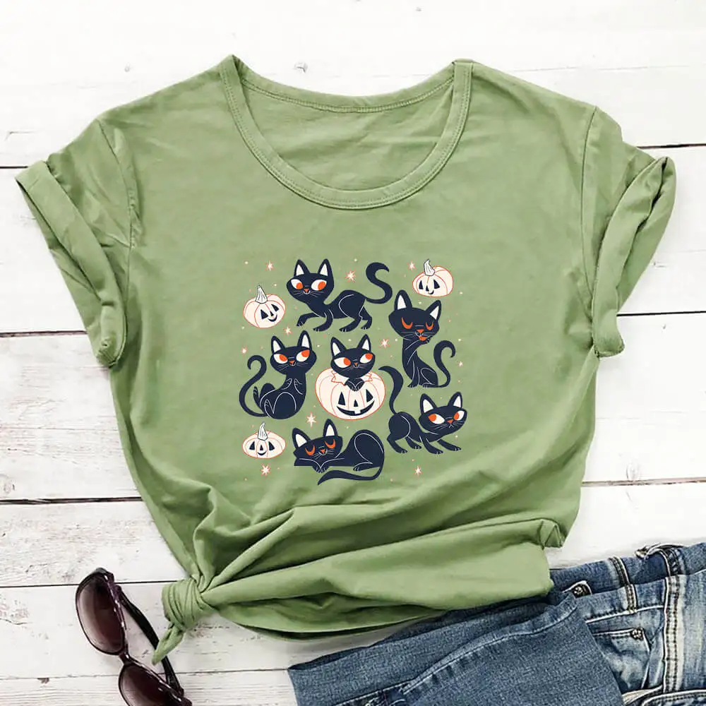 

Halloween Pumpkin Cats 100%Cotton Women Tshirt Unisex Funny Summer Casual Short Sleeve Top Halloween Party Shirt Pet Lover Gift
